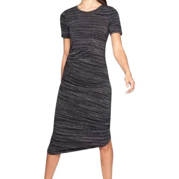 Athleta Dresses & Skirts - Athleta Marled Gray Ruched Side Asymmetrical Short Sleeve T-Shirt Midi Dress - M